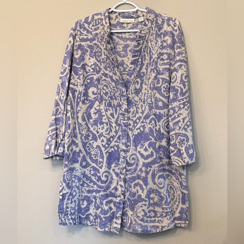 Coldwater Creek 100% Linen Lavender and Cream Blouse Tunic, size XL (18)